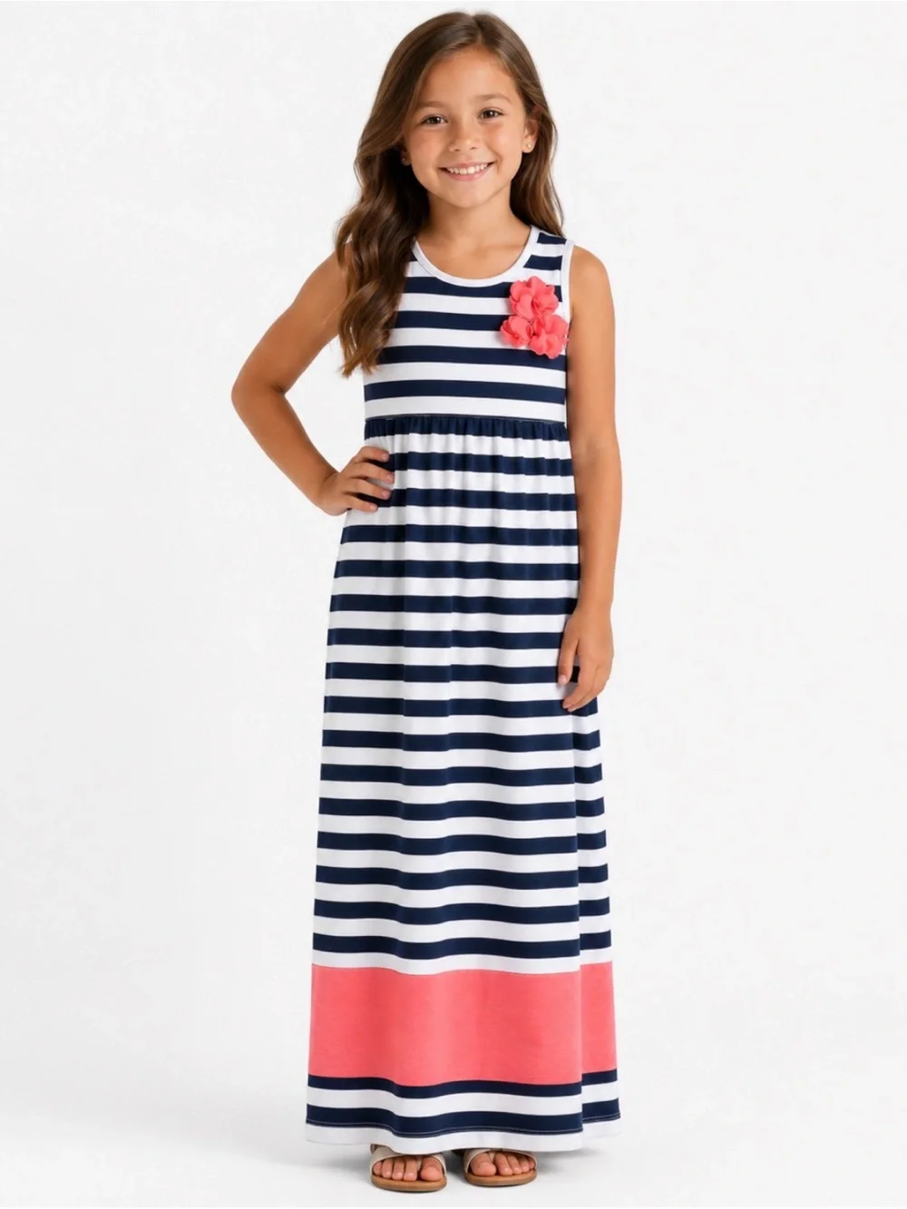 GAP Navy & White Striped Maxi Dress with Coral Flower